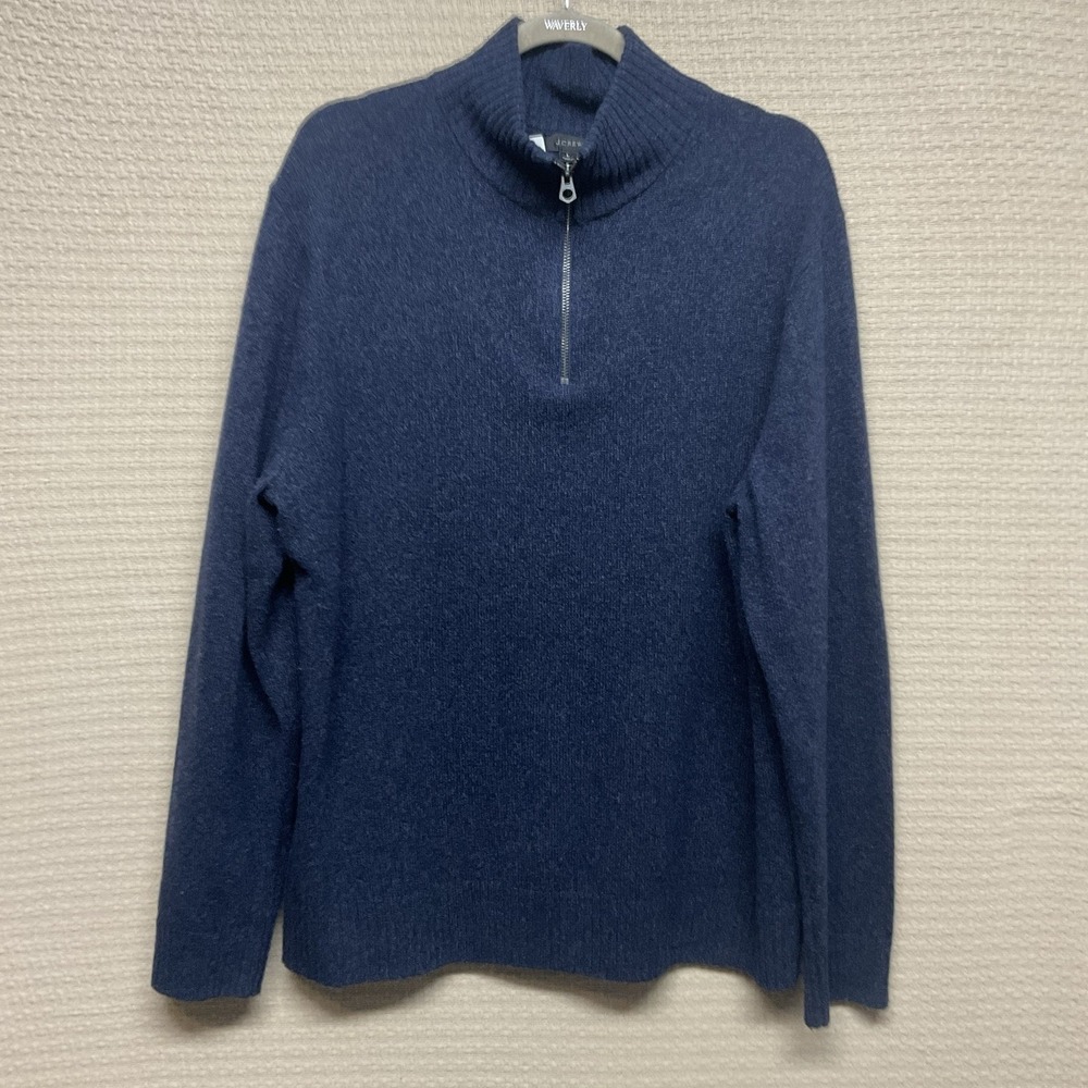 J.Crew Sweater Mens Large Navy 1/4 Zip Mock Neck Lambswool Knit Pullover Warm